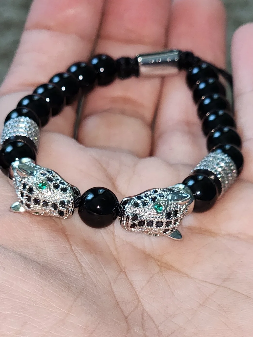 Men's Black Beaded Bracelet with Silver Panther Heads